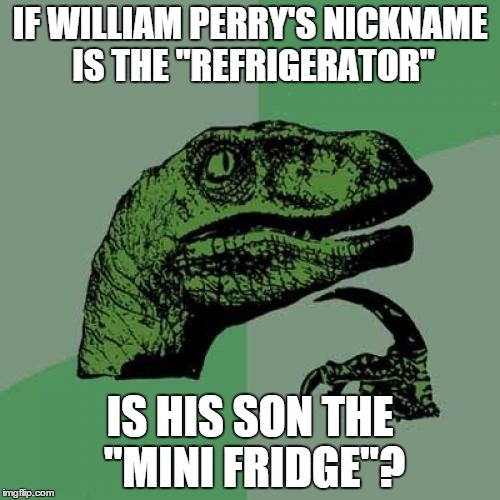 Philosoraptor Meme | IF WILLIAM PERRY'S NICKNAME IS THE "REFRIGERATOR" IS HIS SON THE "MINI FRIDGE"? | image tagged in memes,philosoraptor | made w/ Imgflip meme maker