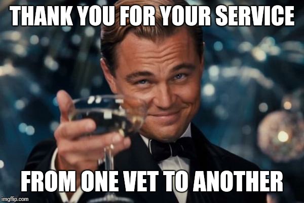 Leonardo Dicaprio Cheers Meme | THANK YOU FOR YOUR SERVICE FROM ONE VET TO ANOTHER | image tagged in memes,leonardo dicaprio cheers | made w/ Imgflip meme maker