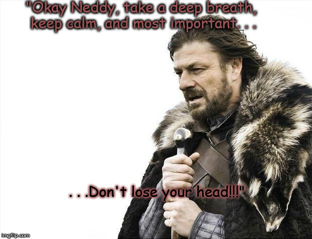 Brace Yourselves X is Coming Meme | "Okay Neddy, take a deep breath, keep calm, and most important. . . . . .Don't lose your head!!!" | image tagged in memes,brace yourselves x is coming | made w/ Imgflip meme maker