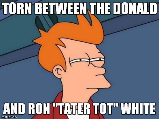 Futurama Fry Meme | TORN BETWEEN THE DONALD AND RON "TATER TOT" WHITE | image tagged in memes,futurama fry | made w/ Imgflip meme maker