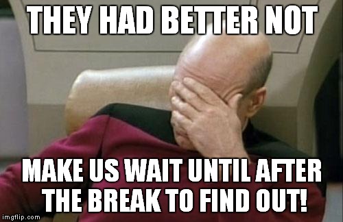 Captain Picard Facepalm Meme | THEY HAD BETTER NOT MAKE US WAIT UNTIL AFTER THE BREAK TO FIND OUT! | image tagged in memes,captain picard facepalm | made w/ Imgflip meme maker