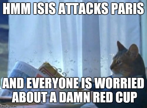 I Should Buy A Boat Cat | HMM ISIS ATTACKS PARIS AND EVERYONE IS WORRIED ABOUT A DAMN RED CUP | image tagged in memes,i should buy a boat cat | made w/ Imgflip meme maker