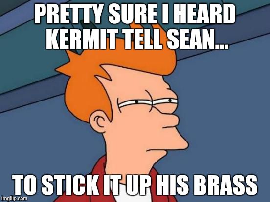 Futurama Fry Meme | PRETTY SURE I HEARD KERMIT TELL SEAN... TO STICK IT UP HIS BRASS | image tagged in memes,futurama fry | made w/ Imgflip meme maker