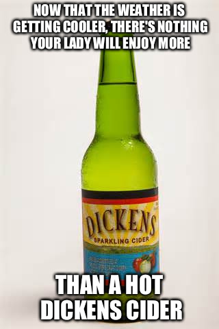 Ladies all over can't get enough of it. | NOW THAT THE WEATHER IS GETTING COOLER, THERE'S NOTHING YOUR LADY WILL ENJOY MORE THAN A HOT DICKENS CIDER | image tagged in she wants it trust me | made w/ Imgflip meme maker
