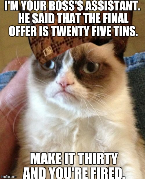 Grumpy Cat Meme | I'M YOUR BOSS'S ASSISTANT. HE SAID THAT THE FINAL OFFER IS TWENTY FIVE TINS. MAKE IT THIRTY AND YOU'RE FIRED. | image tagged in memes,grumpy cat,scumbag | made w/ Imgflip meme maker