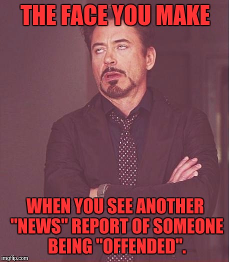 Face You Make Robert Downey Jr Meme | THE FACE YOU MAKE WHEN YOU SEE ANOTHER "NEWS" REPORT OF SOMEONE BEING "OFFENDED". | image tagged in memes,face you make robert downey jr | made w/ Imgflip meme maker