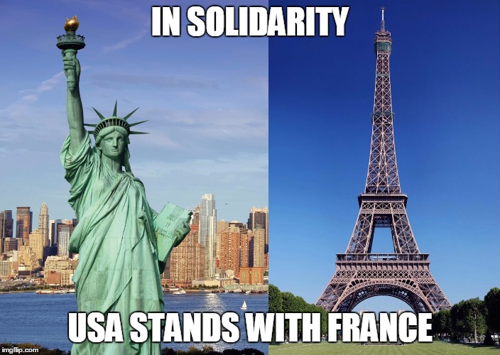 New York Stands With Paris | IN SOLIDARITY USA STANDS WITH FRANCE | image tagged in new york stands with paris | made w/ Imgflip meme maker