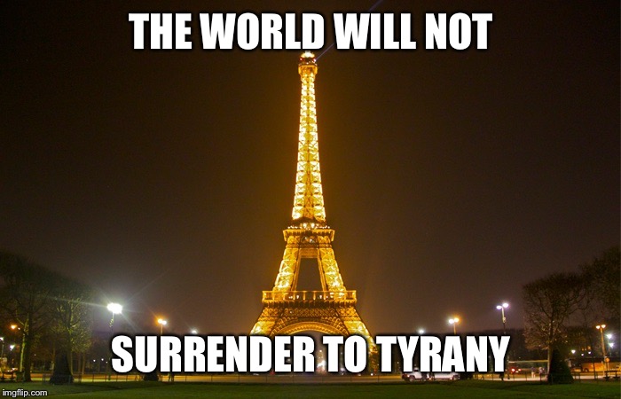 Never surrender | THE WORLD WILL NOT SURRENDER TO TYRANY | image tagged in paris | made w/ Imgflip meme maker