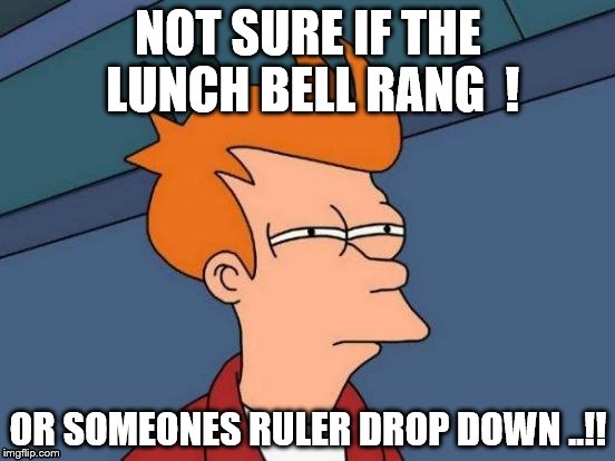 Futurama Fry Meme | NOT SURE IF THE LUNCH BELL RANG  ! OR SOMEONES RULER DROP DOWN ..!! | image tagged in memes,futurama fry | made w/ Imgflip meme maker