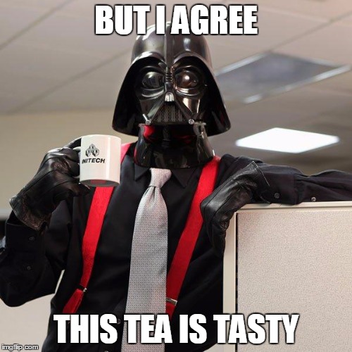 Darth Vader Office Space | BUT I AGREE THIS TEA IS TASTY | image tagged in darth vader office space | made w/ Imgflip meme maker
