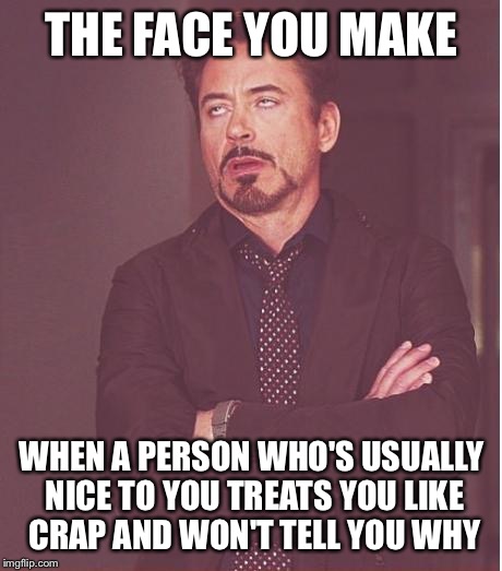Face You Make Robert Downey Jr | THE FACE YOU MAKE WHEN A PERSON WHO'S USUALLY NICE TO YOU TREATS YOU LIKE CRAP AND WON'T TELL YOU WHY | image tagged in memes,face you make robert downey jr | made w/ Imgflip meme maker