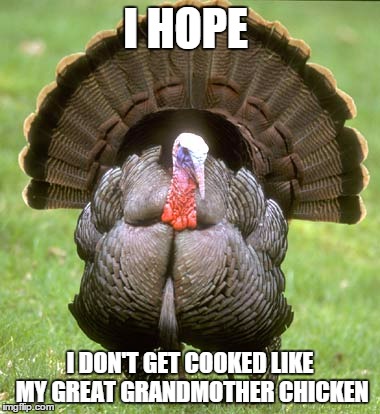 I Hope I Don't Get Cooked Like My Great Grandmother Chicken. | I HOPE I DON'T GET COOKED LIKE MY GREAT GRANDMOTHER CHICKEN | image tagged in memes,turkey,funny | made w/ Imgflip meme maker