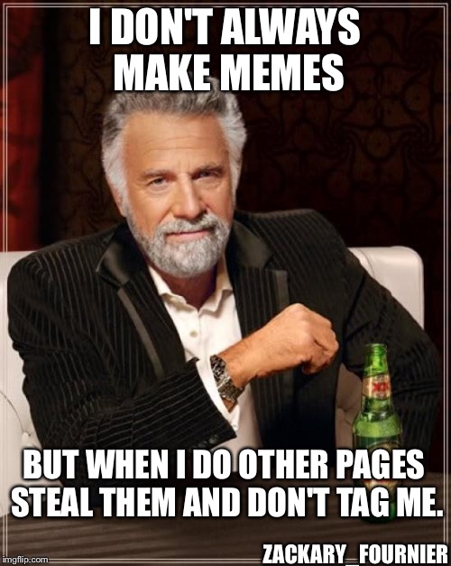 The Most Interesting Man In The World Meme | I DON'T ALWAYS MAKE MEMES BUT WHEN I DO OTHER PAGES STEAL THEM AND DON'T TAG ME. ZACKARY_FOURNIER | image tagged in memes,the most interesting man in the world | made w/ Imgflip meme maker