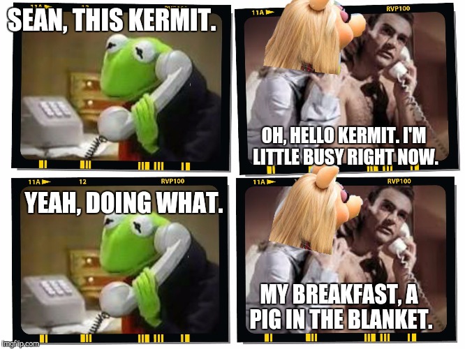 SEAN, THIS KERMIT. OH, HELLO KERMIT. I'M LITTLE BUSY RIGHT NOW. YEAH, DOING WHAT. MY BREAKFAST, A PIG IN THE BLANKET. | made w/ Imgflip meme maker