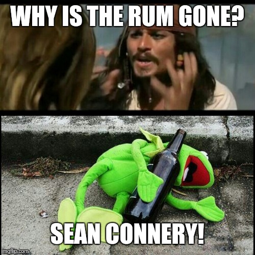 Sean framed up Kermit | WHY IS THE RUM GONE? SEAN CONNERY! | image tagged in kermit the frog | made w/ Imgflip meme maker