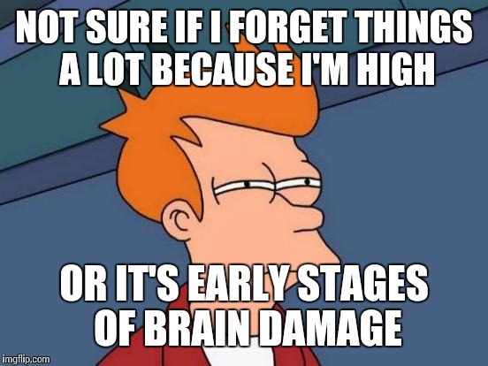 Futurama Fry Meme | NOT SURE IF I FORGET THINGS A LOT BECAUSE I'M HIGH OR IT'S EARLY STAGES OF BRAIN DAMAGE | image tagged in memes,futurama fry | made w/ Imgflip meme maker