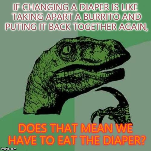 Philosoraptor Meme | IF CHANGING A DIAPER IS LIKE TAKING APART A BURRITO AND PUTING IT BACK TOGETHER AGAIN, DOES THAT MEAN WE HAVE TO EAT THE DIAPER? | image tagged in memes,philosoraptor | made w/ Imgflip meme maker