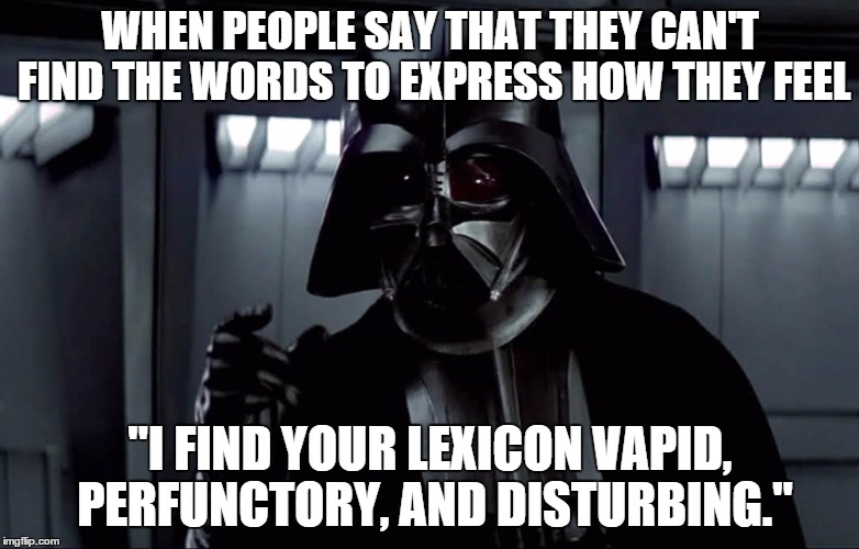 Pompous Douche-bag Darth  | WHEN PEOPLE SAY THAT THEY CAN'T FIND THE WORDS TO EXPRESS HOW THEY FEEL "I FIND YOUR LEXICON VAPID, PERFUNCTORY, AND DISTURBING." | image tagged in star wars,darth vader,douchebag,words | made w/ Imgflip meme maker
