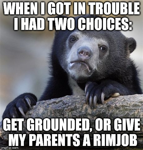 Confession Bear Meme | WHEN I GOT IN TROUBLE I HAD TWO CHOICES: GET GROUNDED, OR GIVE MY PARENTS A RIMJOB | image tagged in memes,confession bear,wtfmemes | made w/ Imgflip meme maker