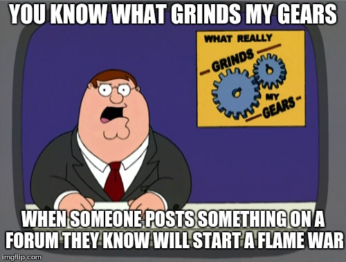 Peter Griffin News | YOU KNOW WHAT GRINDS MY GEARS WHEN SOMEONE POSTS SOMETHING ON A FORUM THEY KNOW WILL START A FLAME WAR | image tagged in memes,peter griffin news | made w/ Imgflip meme maker