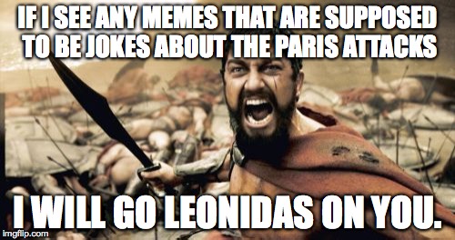 Sparta Leonidas | IF I SEE ANY MEMES THAT ARE SUPPOSED TO BE JOKES ABOUT THE PARIS ATTACKS I WILL GO LEONIDAS ON YOU. | image tagged in memes,sparta leonidas | made w/ Imgflip meme maker