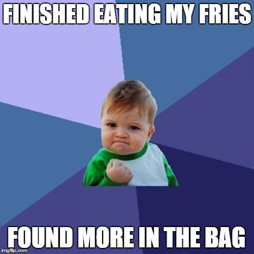 Success Kid | FINISHED EATING MY FRIES FOUND MORE IN THE BAG | image tagged in memes,success kid | made w/ Imgflip meme maker