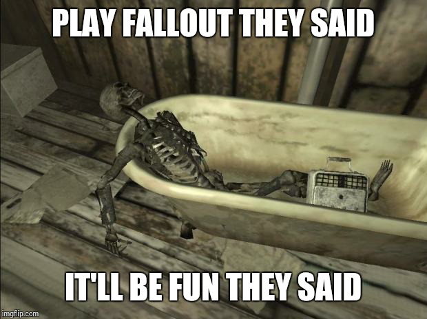 fallout skeleton | PLAY FALLOUT THEY SAID IT'LL BE FUN THEY SAID | image tagged in fallout skeleton | made w/ Imgflip meme maker