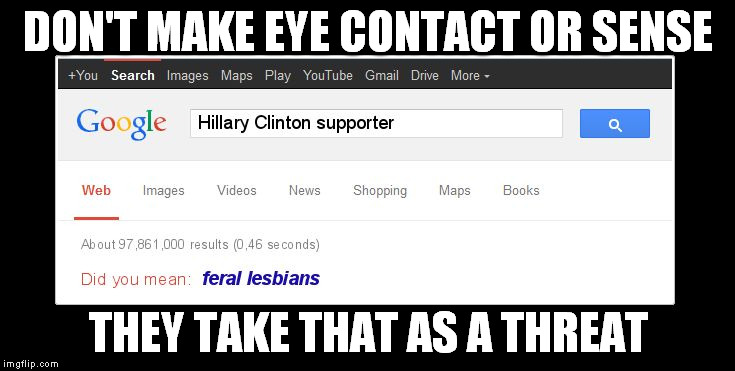 Hillary Hilarity  | DON'T MAKE EYE CONTACT OR SENSE THEY TAKE THAT AS A THREAT | image tagged in hillary supporter | made w/ Imgflip meme maker