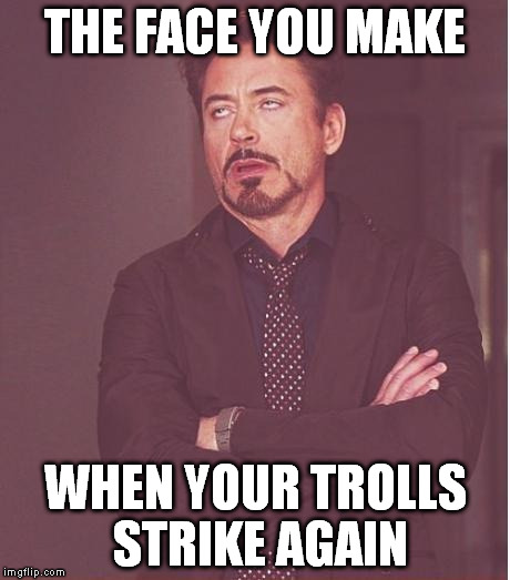 Face You Make Robert Downey Jr | THE FACE YOU MAKE WHEN YOUR TROLLS STRIKE AGAIN | image tagged in memes,face you make robert downey jr | made w/ Imgflip meme maker