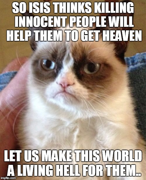 Grumpy Cat Meme | SO ISIS THINKS KILLING INNOCENT PEOPLE WILL HELP THEM TO GET HEAVEN LET US MAKE THIS WORLD A LIVING HELL FOR THEM.. | image tagged in memes,grumpy cat | made w/ Imgflip meme maker