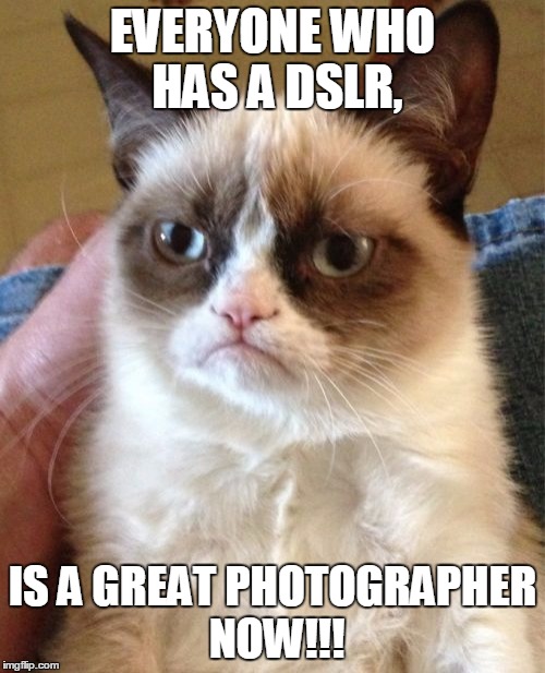 Grumpy Cat Meme | EVERYONE WHO HAS A DSLR, IS A GREAT PHOTOGRAPHER NOW!!! | image tagged in memes,grumpy cat | made w/ Imgflip meme maker