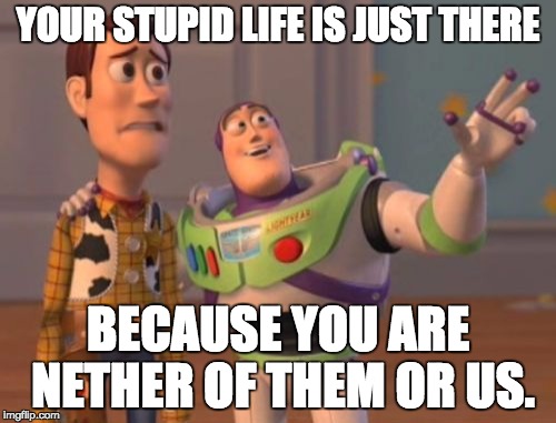 X, X Everywhere Meme | YOUR STUPID LIFE IS JUST THERE BECAUSE YOU ARE NETHER OF THEM OR US. | image tagged in memes,x x everywhere | made w/ Imgflip meme maker