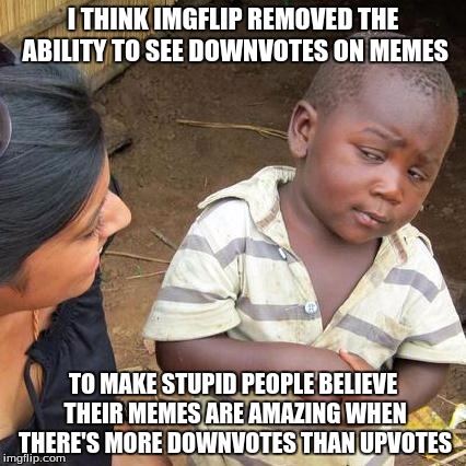 Third World Skeptical Kid Meme | I THINK IMGFLIP REMOVED THE ABILITY TO SEE DOWNVOTES ON MEMES TO MAKE STUPID PEOPLE BELIEVE THEIR MEMES ARE AMAZING WHEN THERE'S MORE DOWNVO | image tagged in memes,third world skeptical kid | made w/ Imgflip meme maker