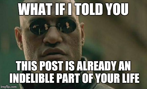 Matrix Morpheus Meme | WHAT IF I TOLD YOU THIS POST IS ALREADY AN INDELIBLE PART OF YOUR LIFE | image tagged in memes,matrix morpheus | made w/ Imgflip meme maker