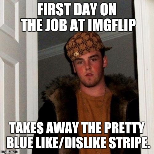 Scumbag Steve | FIRST DAY ON THE JOB AT IMGFLIP TAKES AWAY THE PRETTY BLUE LIKE/DISLIKE STRIPE. | image tagged in memes,scumbag steve | made w/ Imgflip meme maker