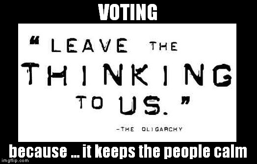 When given the choice between two things, even bad ones, people WILL choose one and be satisfied that they "did something". | VOTING because ... it keeps the people calm | image tagged in oligarchy,voting,democracy,'murica | made w/ Imgflip meme maker