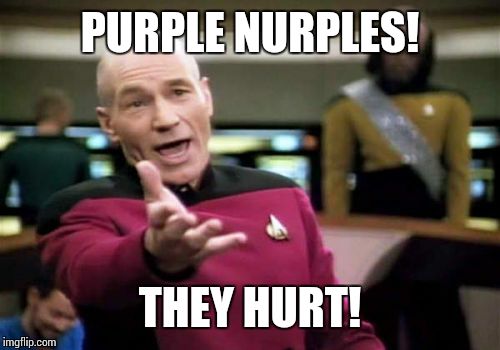 Picard Wtf Meme | PURPLE NURPLES! THEY HURT! | image tagged in memes,picard wtf | made w/ Imgflip meme maker