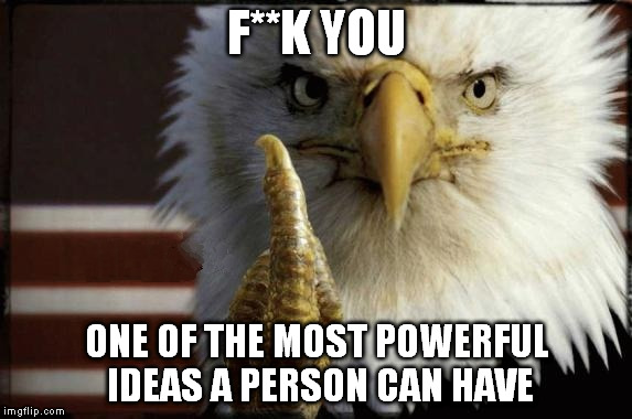 Our forefathers lived peaceably until they could live peaceably no longer. Freedom is not granted, it is realized and claimed. | F**K YOU ONE OF THE MOST POWERFUL IDEAS A PERSON CAN HAVE | image tagged in eagle middle finger,'murica | made w/ Imgflip meme maker
