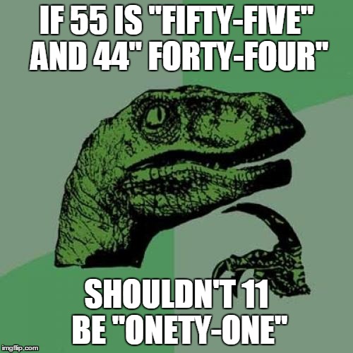 Philosoraptor | IF 55 IS "FIFTY-FIVE" AND 44" FORTY-FOUR" SHOULDN'T 11 BE "ONETY-ONE" | image tagged in memes,philosoraptor | made w/ Imgflip meme maker