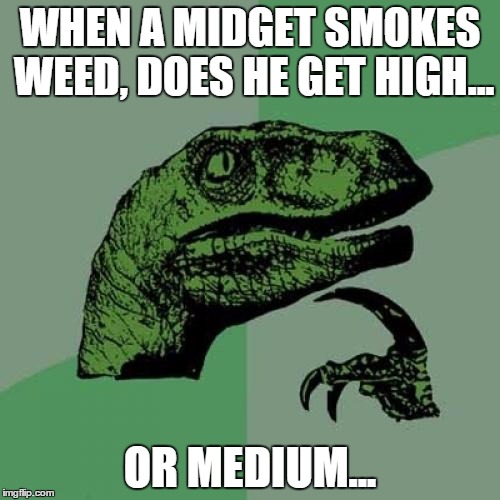 Philosoraptor | WHEN A MIDGET SMOKES WEED, DOES HE GET HIGH... OR MEDIUM... | image tagged in memes,funny,philosoraptor | made w/ Imgflip meme maker