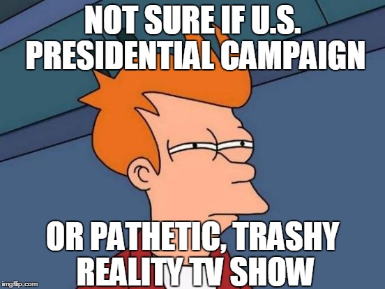 Futurama Fry Meme | NOT SURE IF U.S. PRESIDENTIAL CAMPAIGN OR PATHETIC, TRASHY REALITY TV SHOW | image tagged in memes,futurama fry | made w/ Imgflip meme maker