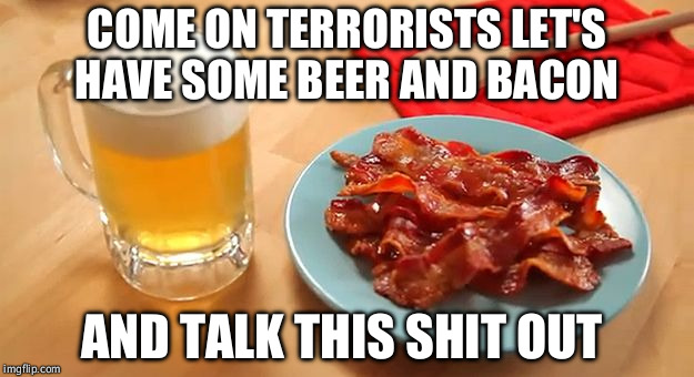 Beer and Bacon | COME ON TERRORISTS LET'S HAVE SOME BEER AND BACON AND TALK THIS SHIT OUT | image tagged in beer and bacon | made w/ Imgflip meme maker