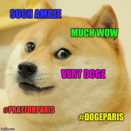 Doge | SUCH AMAZE MUCH WOW VERY DOGE #PRAYFORPARIS #DOGEPARIS | image tagged in memes,doge | made w/ Imgflip meme maker