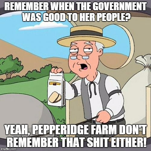 Pepperidge Farm Remembers | REMEMBER WHEN THE GOVERNMENT WAS GOOD TO HER PEOPLE? YEAH, PEPPERIDGE FARM DON'T REMEMBER THAT SHIT EITHER! | image tagged in memes,pepperidge farm remembers | made w/ Imgflip meme maker