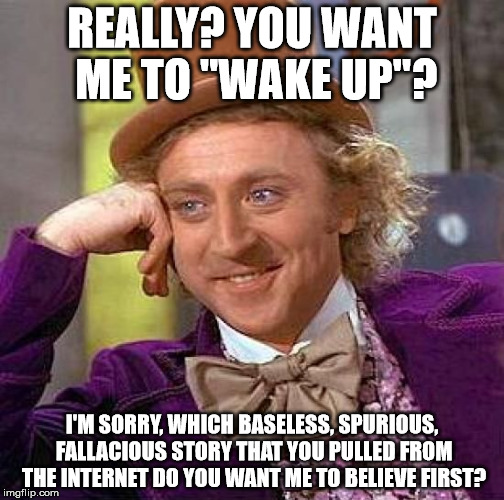 You want me to wake up? | REALLY? YOU WANT ME TO "WAKE UP"? I'M SORRY, WHICH BASELESS, SPURIOUS, FALLACIOUS STORY THAT YOU PULLED FROM THE INTERNET DO YOU WANT ME TO  | image tagged in memes,creepy condescending wonka,wake up | made w/ Imgflip meme maker