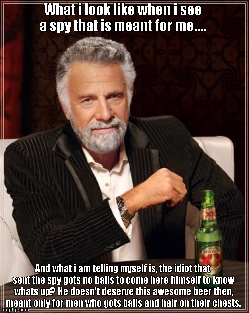 The Most Interesting Man In The World | What i look like when i see a spy that is meant for me.... And what i am telling myself is, the idiot that sent the spy gots no balls to com | image tagged in memes,the most interesting man in the world | made w/ Imgflip meme maker