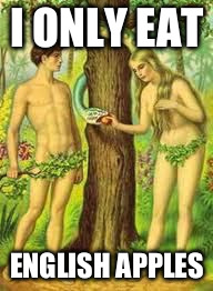 Adam and Eve | I ONLY EAT ENGLISH APPLES | image tagged in adam and eve | made w/ Imgflip meme maker