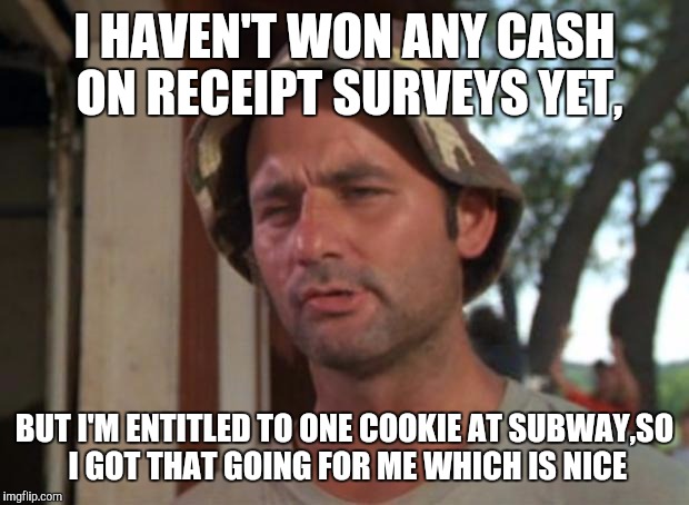 So I Got That Goin For Me Which Is Nice Meme | I HAVEN'T WON ANY CASH ON RECEIPT SURVEYS YET, BUT I'M ENTITLED TO ONE COOKIE AT SUBWAY,SO I GOT THAT GOING FOR ME WHICH IS NICE | image tagged in memes,so i got that goin for me which is nice | made w/ Imgflip meme maker