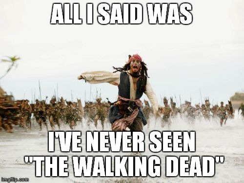 Seriously, I haven't | ALL I SAID WAS I'VE NEVER SEEN "THE WALKING DEAD" | image tagged in memes,jack sparrow being chased,the walking dead | made w/ Imgflip meme maker