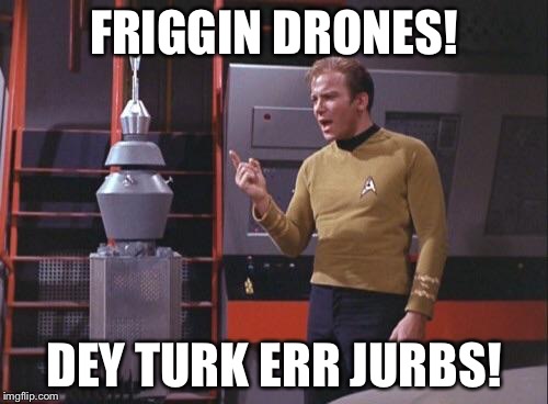 WE NEED TO BUILD A THOLIAN WEB ON THE BORDER! | FRIGGIN DRONES! DEY TURK ERR JURBS! | image tagged in kirk vs nomad,illegal immigration | made w/ Imgflip meme maker